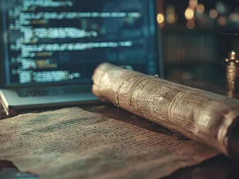 Pergamino antiguo junto a un computador portátil