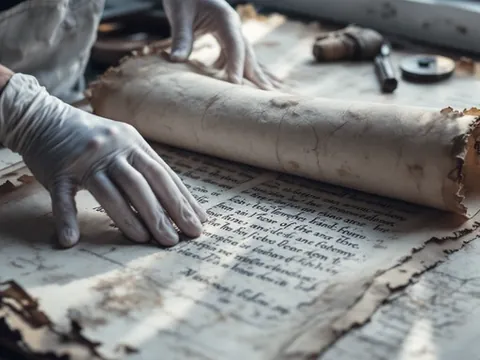 Manos con guantes desenrollando un manuscrito