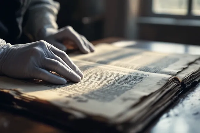 Manos con guantes de algodón examinando un libro antiguo